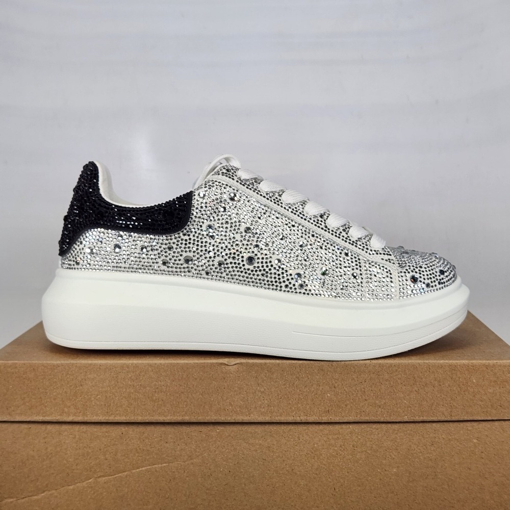 Steve Madden Sneakers Women Size 7 Silver Rhinestone Studded Platform Maxima-R